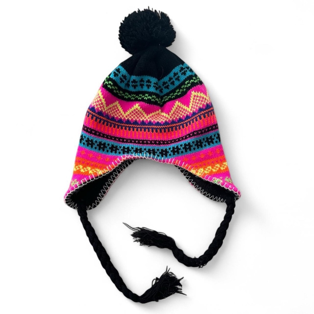 pop Black Pom-Pom Earflap Hat with Bright Pink, Blue, Green and Yellow Pattern